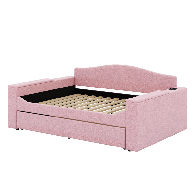 Lit de jour double rembourré avec couchette, accoudoirs de rangement et dernier système audio Bluetooth intégré, Rose