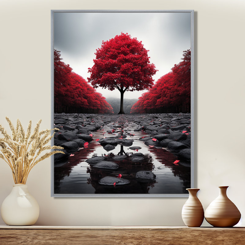 Rouge et gris forêt sérénité - art mural forêt, H 20 po x l 12 po x P 1 po, Encadrement argenté