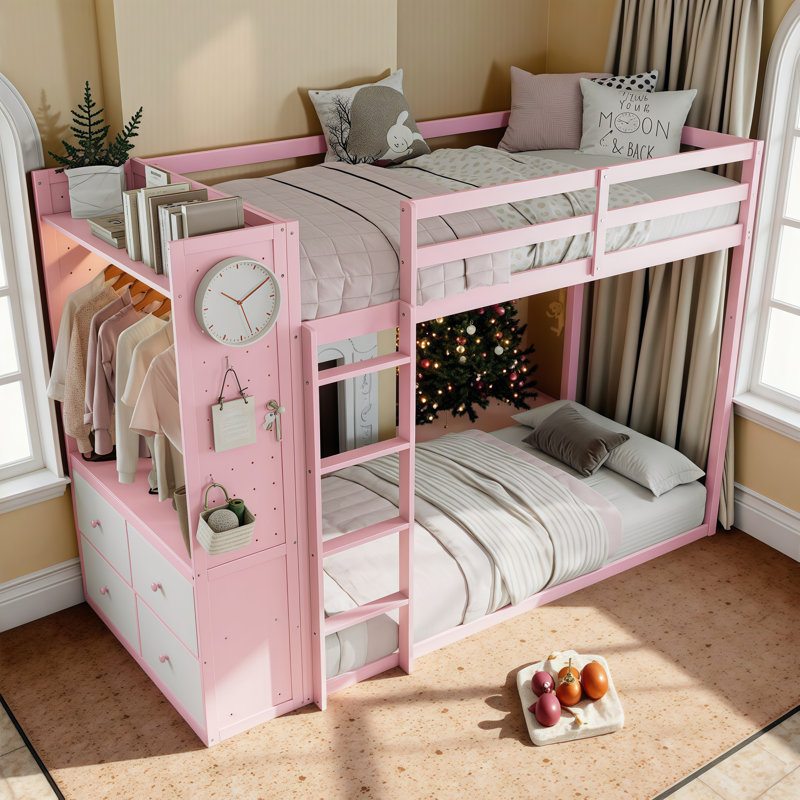 Lit superposé simple à économie d'espace AVELOR avec 4 tiroirs de rangement, garde-robe intégré et bande lumineuse, panneaux perforés personnalisés pour les chambres d'enfants
