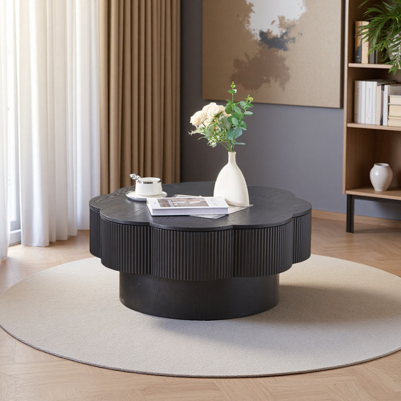 Table basse 31,50 "en forme de fleur moderne, table basse en forme de fleur de prunier avec rangement, Noir