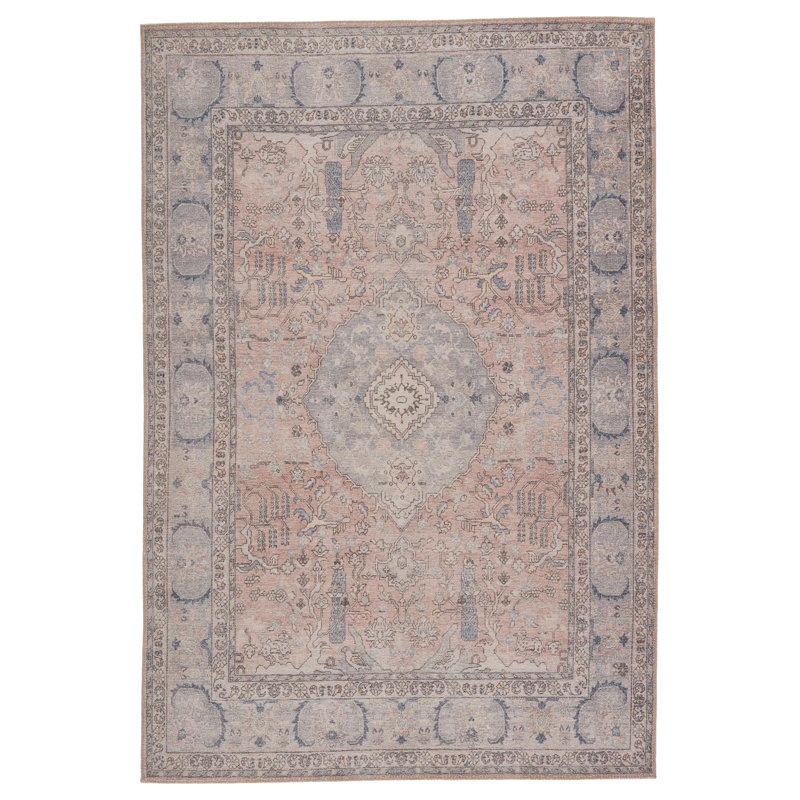 Tapis oriental rose tissé à la machine en polyester tissé à la machine Elodie, Rectangle de 7 pi 6 po x 9 pi 6 po
