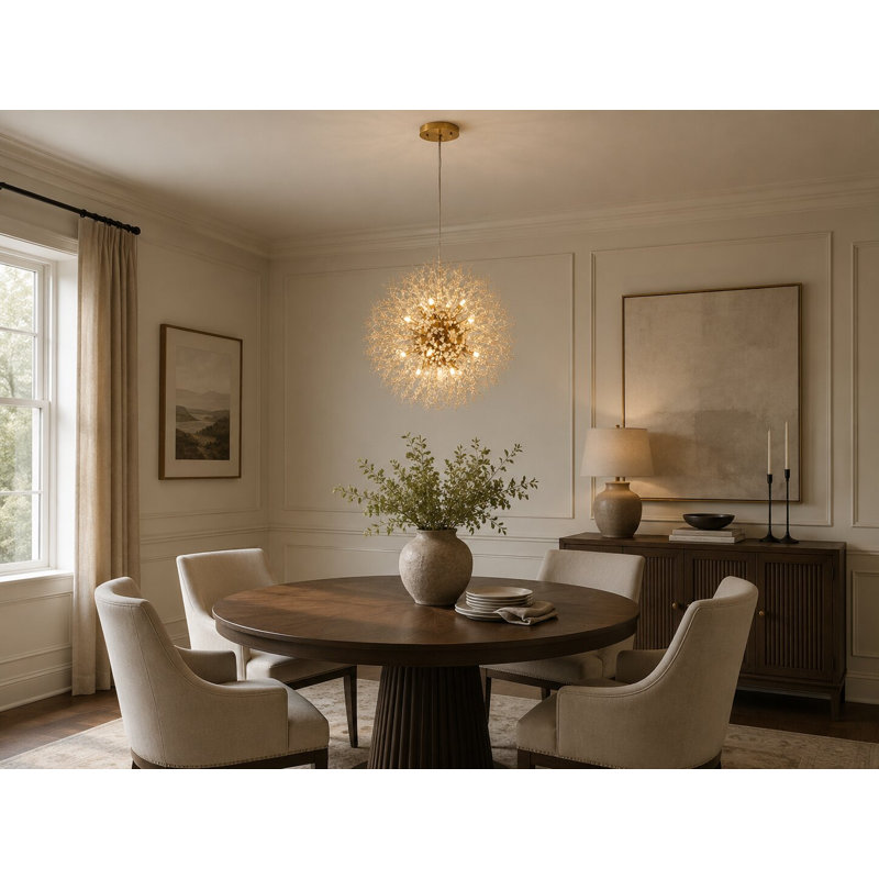 Lustre 16 lumières en laiton et acier inoxydable avec détails en cristal transparent