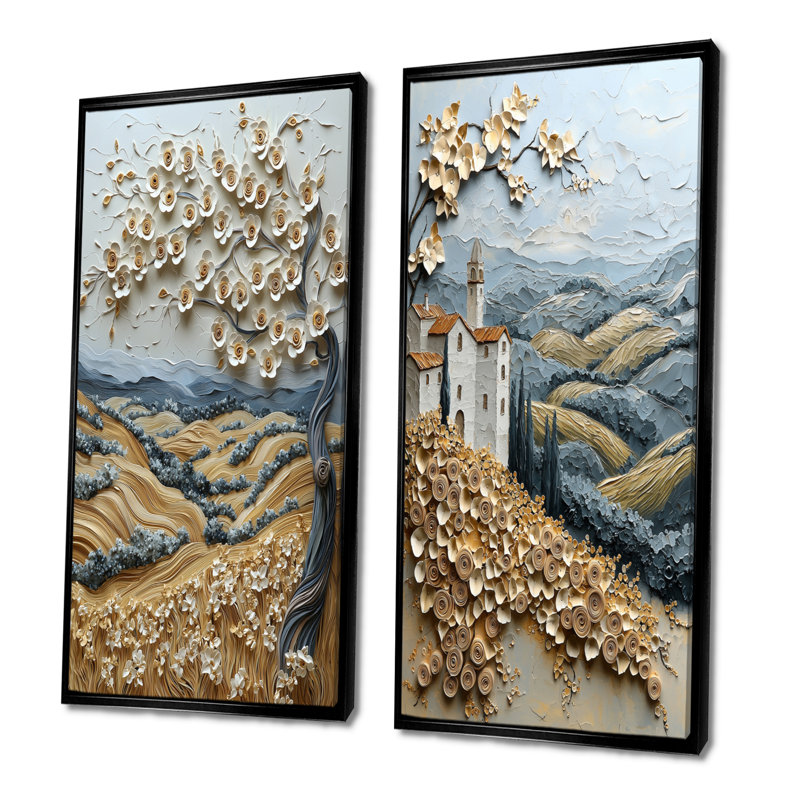 Ensemble de 2 pièces d'art mural moderne bleu Toscan Vineyard I - Italie, H 40 po x l 40 po, Cadre flottant noir