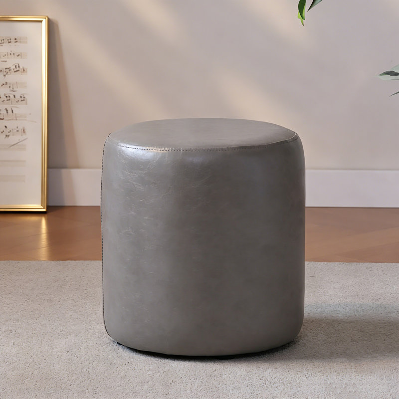11.8? Small Round Faux Leather Upholstered Ottoman, Light Gray