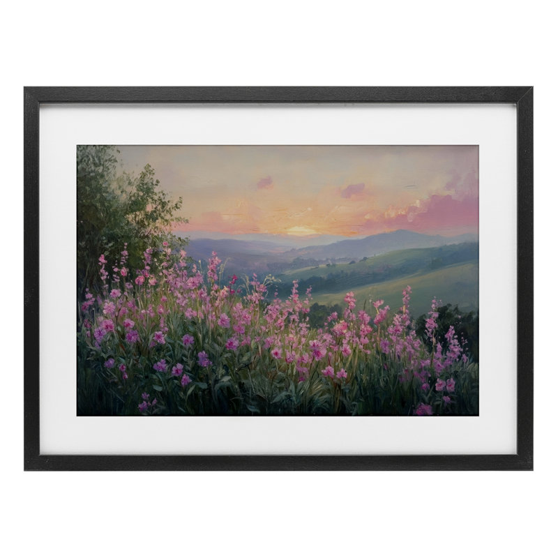 «Twilight Meadow Pink Flowers», reproduction sous verre encadrée, design par Petal Prints Design, H 14 po x l 20 po