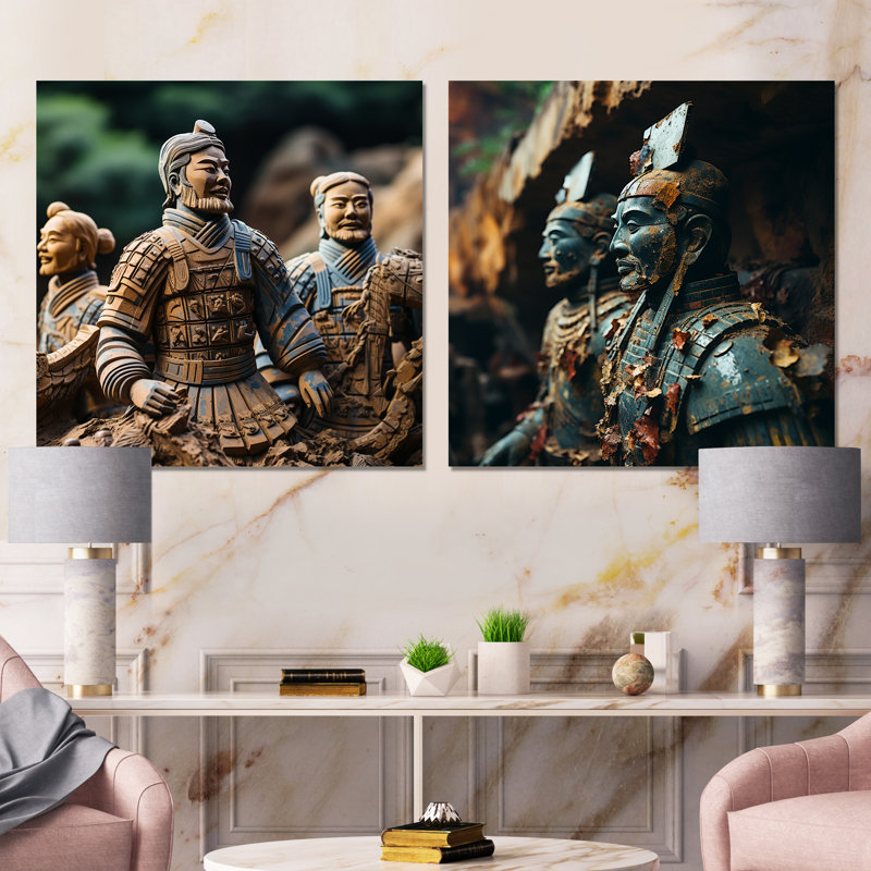 «China Terracotta Warriors I», ensemble de 2 carrés de salon en métal chinois, H 16 po x l 32 po