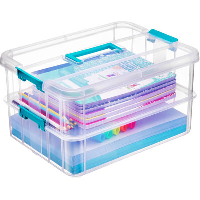 2-Layer Stackable Clear Craft File Box with Handle for Art Supply Storage 14x10x7 Inch
