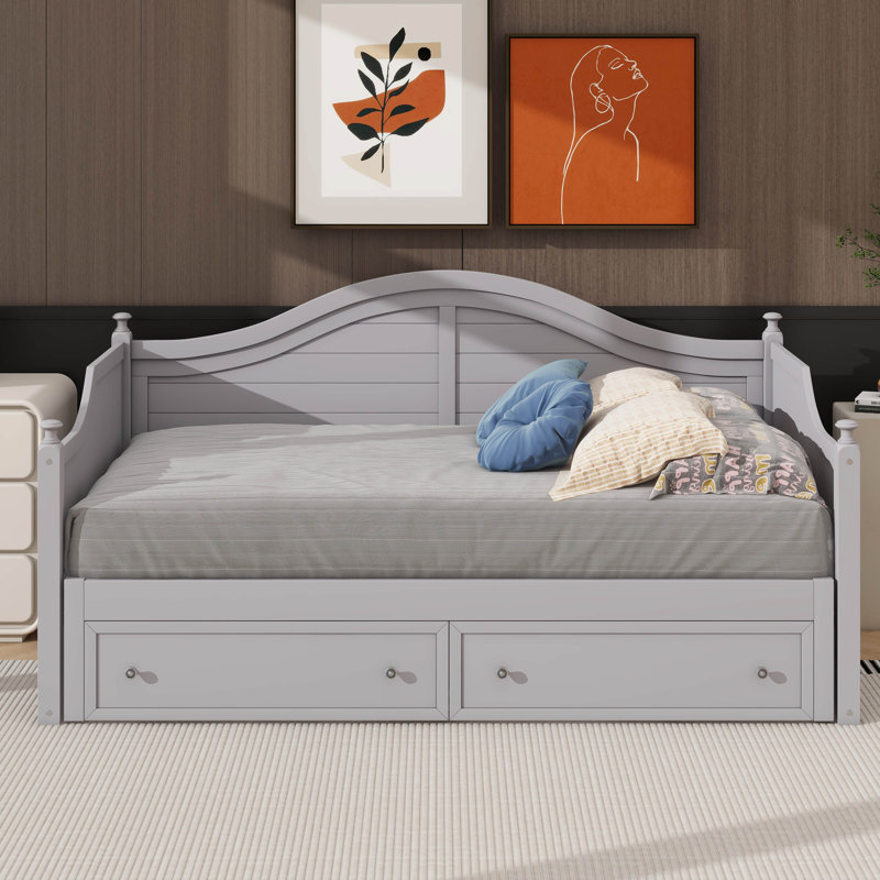 Canapé-lit simple en bois avec lit gigogne extensible et tiroirs de rangement pratiques, Gris