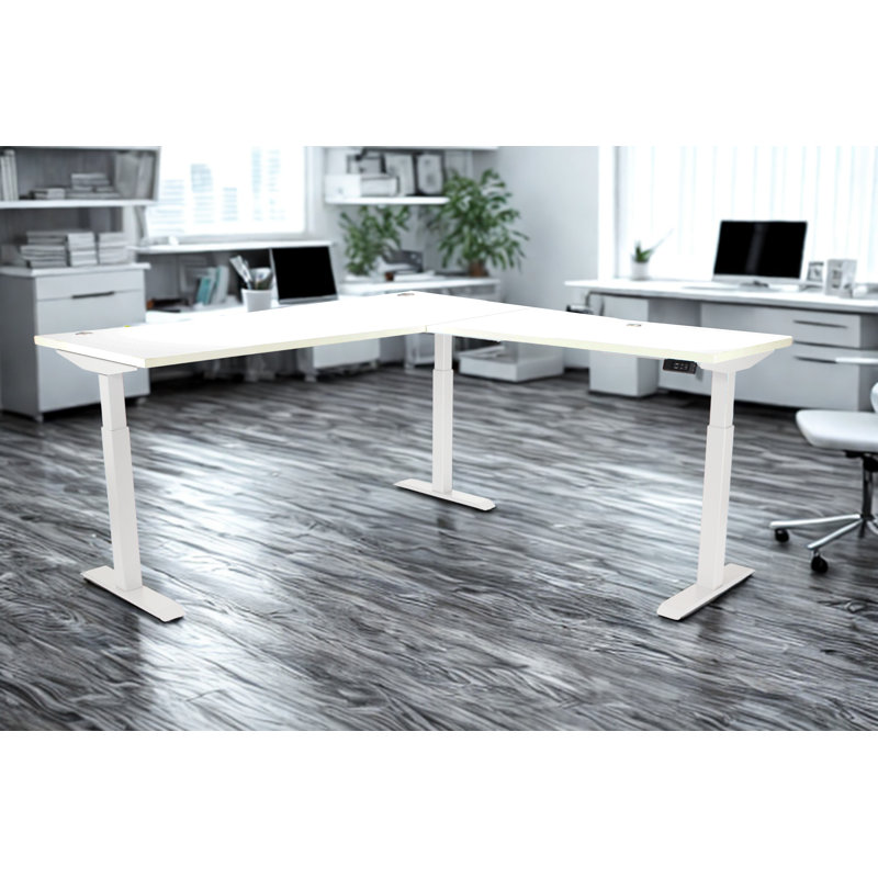 Skyline Electric Height Adjustable 72x24x48x24 L-Shape Standing Desk for Office and Home, White Top with White Frame