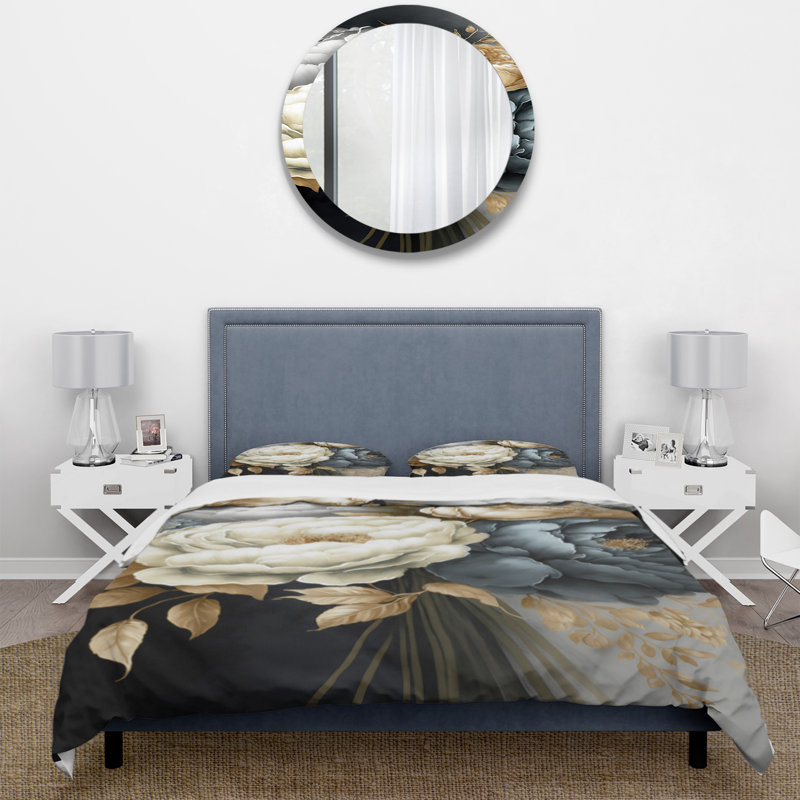 Bouquet de pivoines blanches, bleues et grises III - ensemble de housse de couette pivoine florale - polyester microfibre
