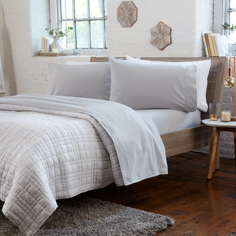 100% Cotton Heavy Flannel Sheet Set, Queen Sheet Set with 2 Pillowcases, Soft Gray Striped