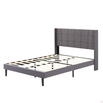 FULL Size Platform Bed Frame, Upholstered Tufted Headboard with Solid Wood Slat Support, Dark Gray
