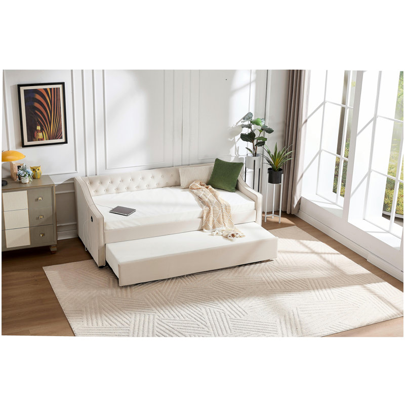 Twin Size Upholstered Daybed with Trundle,USB Port ,Side Pockets,Velvet Daybed with Button on Back and Piping on Waved Shape Arms for Bedroom Guest Room