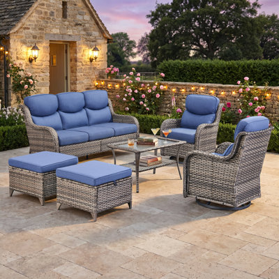 Ensemble de patio extérieur avec chaise berçante pivotante à dossier épais de 5 po d'épaisseur, ensemble de meubles de patio en osier toutes saisons avec table basse, convient aux terrasses de balcon