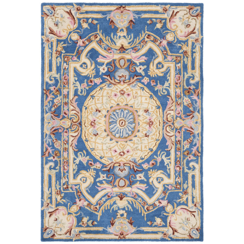Tapis bleu / ivoire en laine touffeté à la main Priscila, Rectangle 9 pi x 12 pi