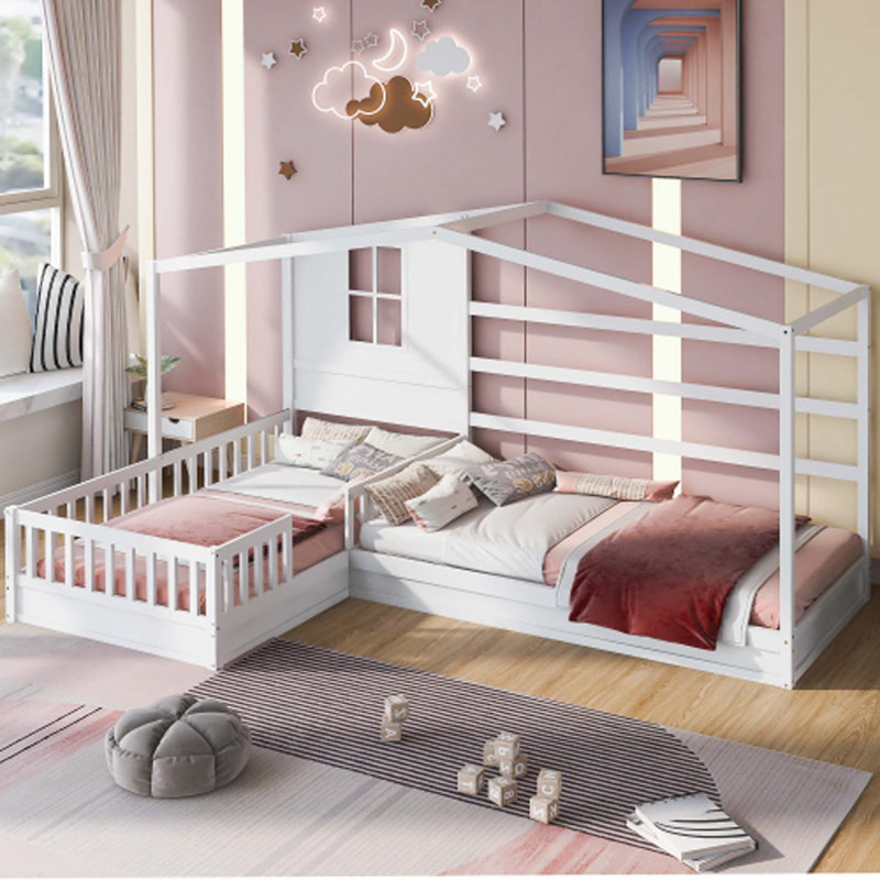 Lit en bois en forme de L, Blanc