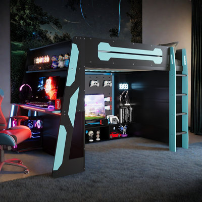 Modern Loft Bed With Light Computer Desk, Bookcase And Entertainment Center