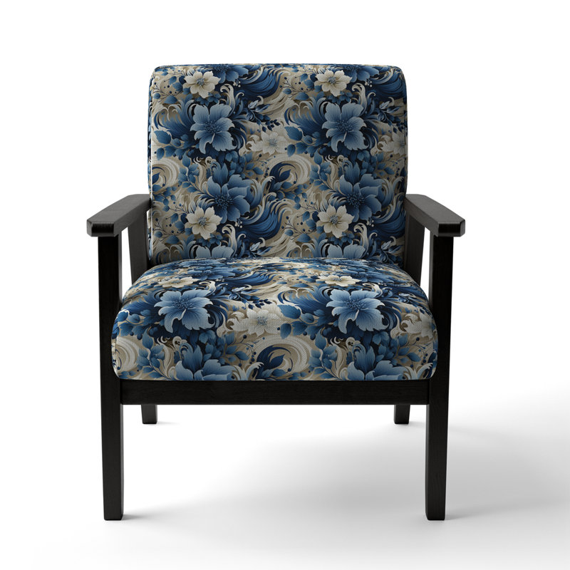 Cobalt Blue Scrollwork Swirls Victorian Pattern II - Upholstered Floral Accent Chair