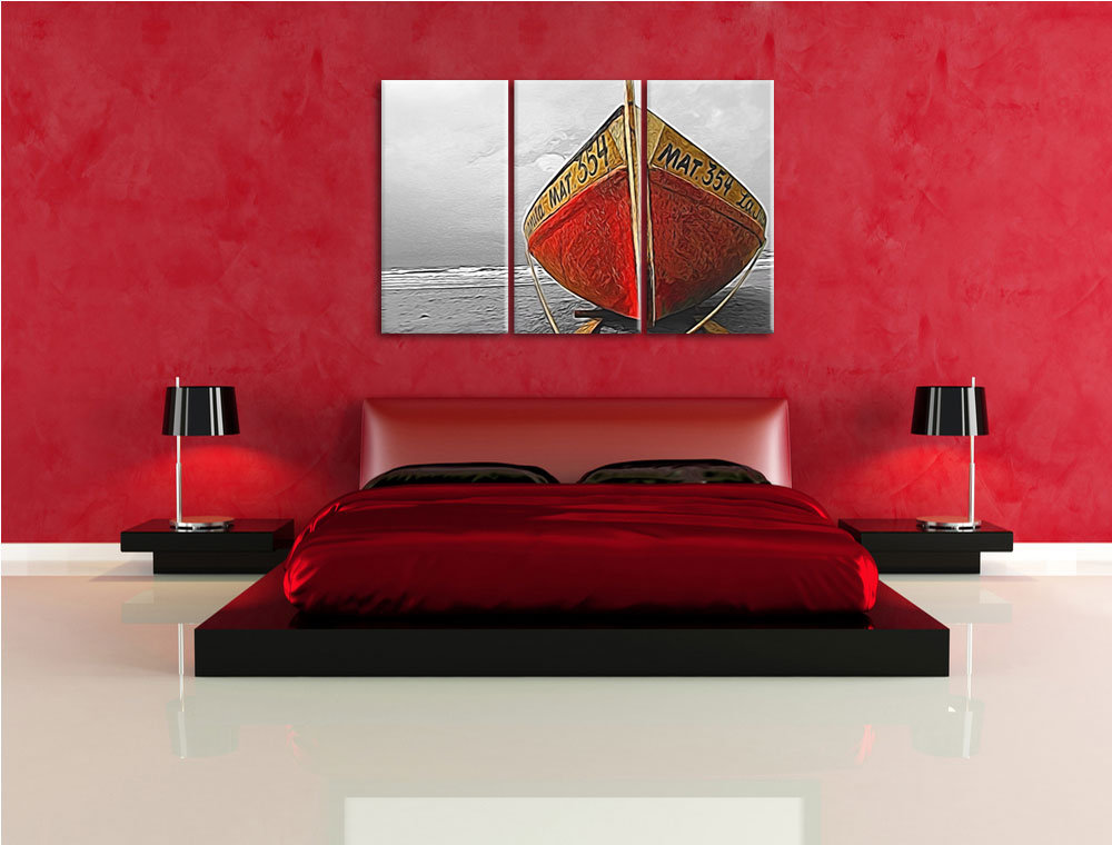 3-tlg. Leinwandbilder-Set „Kleines Segelboot am Strand“, Grafikdruck