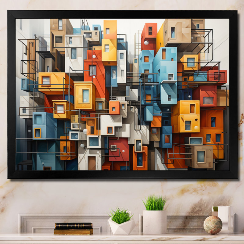 «Cityscape Bluiding Geometric Collage I», reproduction sur toile, Cadre simple noir, H 16 po x l 32 po x P 1 po