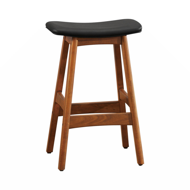 Mid-Century Modern Faux Leather Solid Wood Counter Height Stools (Set of 2), Black