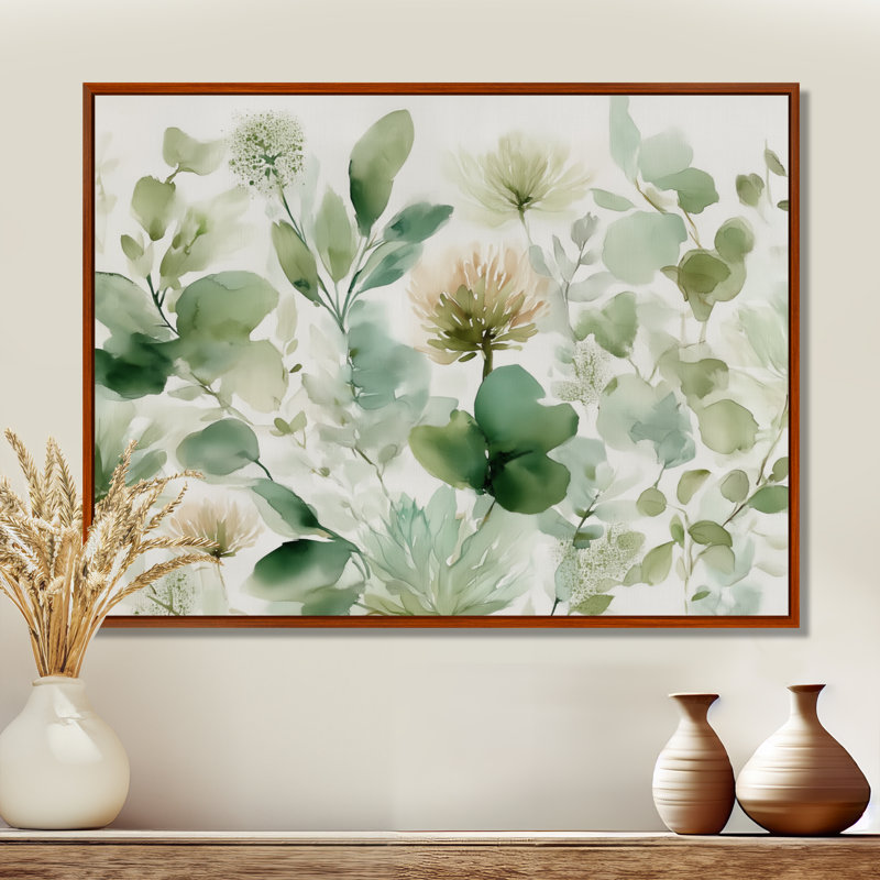 «Watercolor Greenery Sage Watercolor - Plants», impression sur toile botanique verte, H 12 po x l 20 po, Cadre flottant, Brun