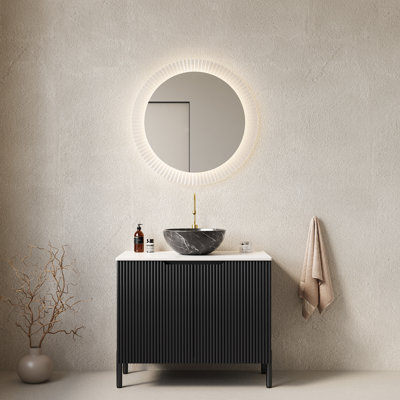 Meuble-lavabo scandinave de 30 po avec lavabo à cuve noir, comptoir blanc, portes doubles, clapet à fermeture en douceur, pour le rangement et l'organisation du lavabo en céramique moderne, conception en pierre frittée, grand
