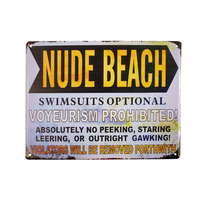 Large Nude Beach Swimsuits Optional Metal Sign Retro Outdoor Coastal Wall Decor