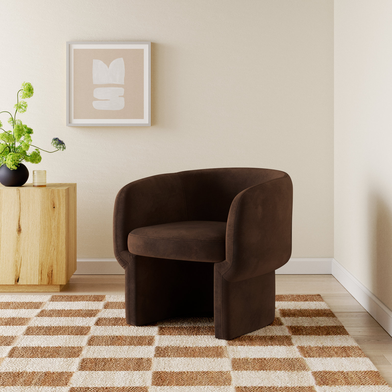Cambry Upholstered Barrel Chair, Dark Brown Velvet