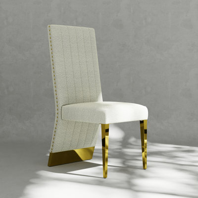 White And Gold Boucle Dining Chair With Nail Head Trims and Polished Gold Metal Legs by Everly Quinn