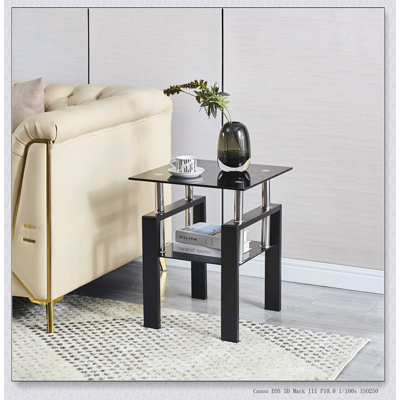 Table de canapé en verre trempé noir, table de bout à 2 niveaux avec rangement, table d'appoint de salon moderne et élégante