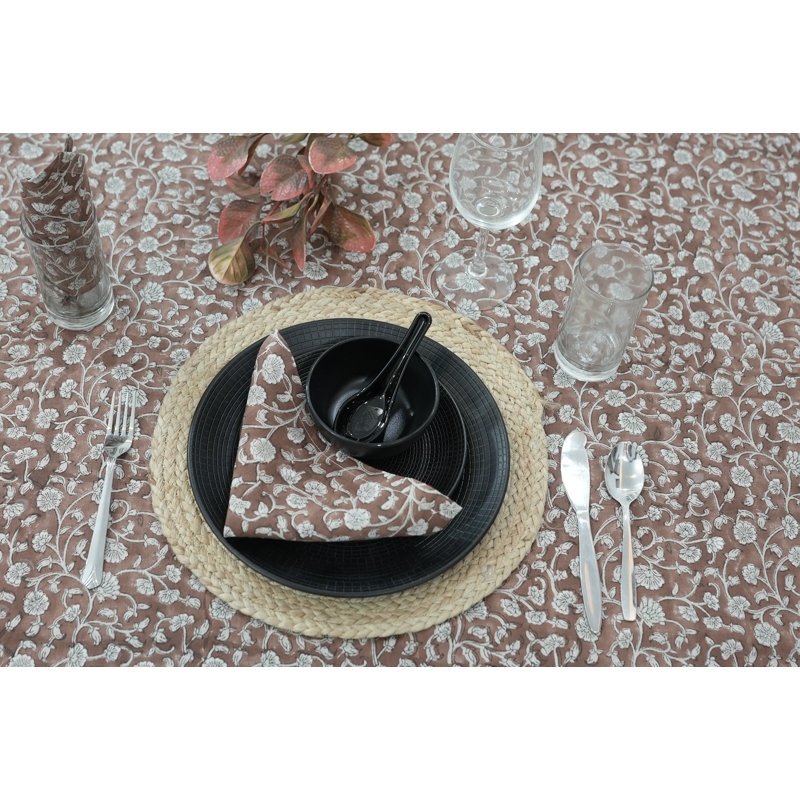 Fabdivine 18X18 Inch Hand Block Floral Print Table Napkin Himachal, Brown {Set of 8}