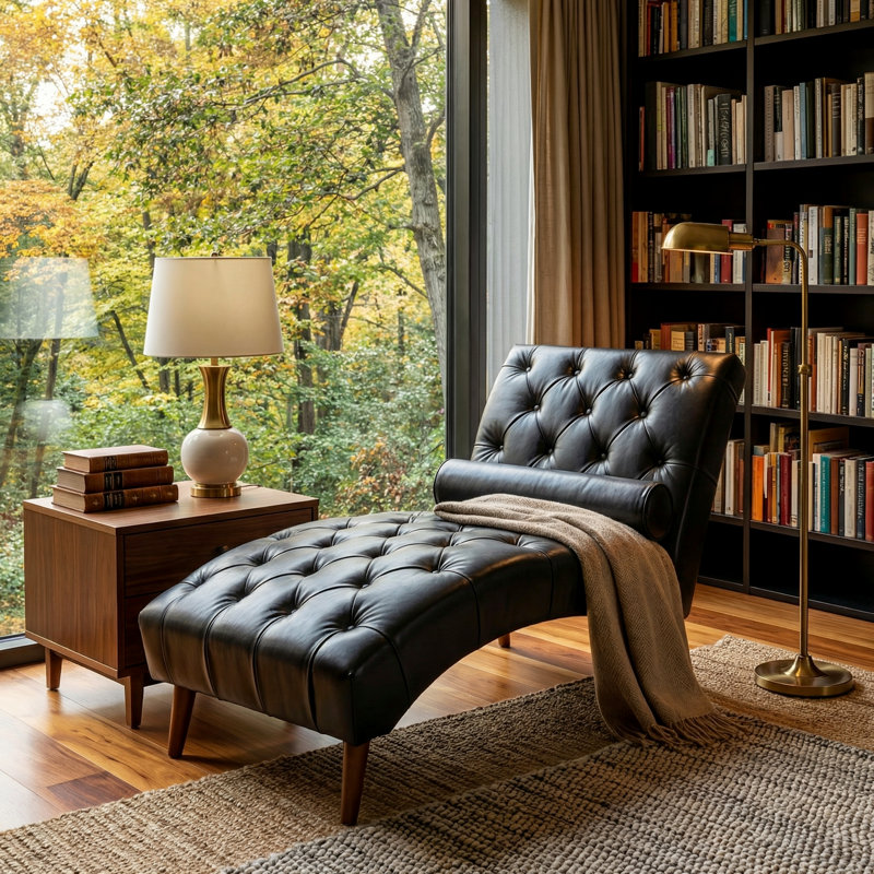 Chaise longue moderne rembourrée pour le salon, Similicuir noir