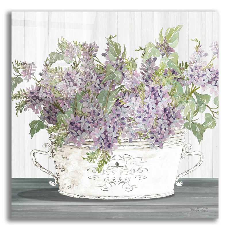 «Lilac Galvanized Pot» par Cindy Jacobs, art mural en verre acrylique, H 12 po x l 12 po x P 0,13 po