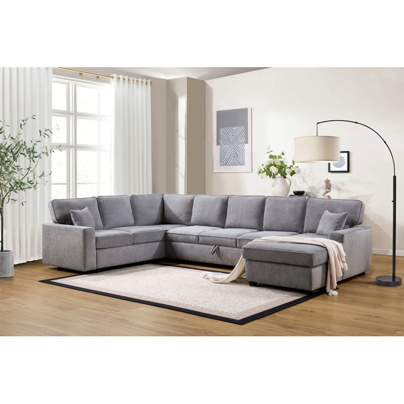 Canapé modulaire en chenille de 137 po de largeur avec méridienne orientée vers la droite, rangement sous le siège et coussins décoratifs