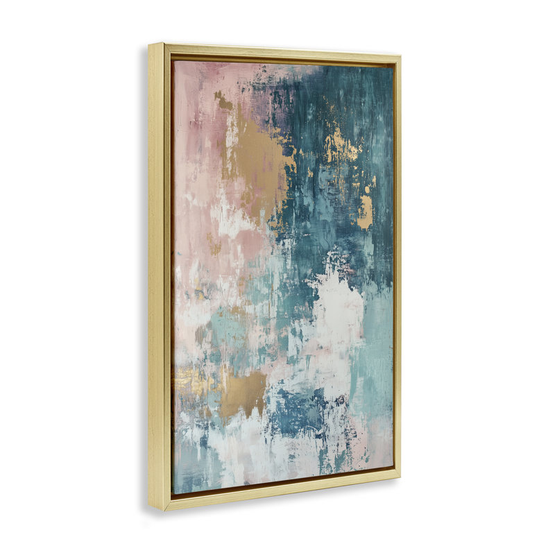  Teal Green Gold Abstract Canvas by Gina Kelly, H 25 po x l 17 po, Cadre flottant métallique doré