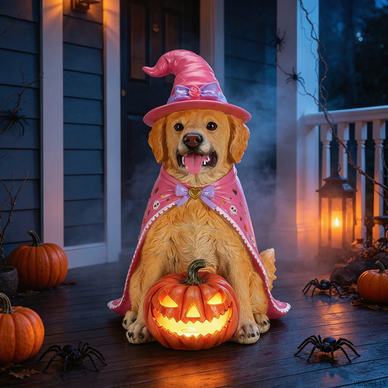 Statue de Golden Retriever d'Halloween avec chapeau de sorcière et citrouille lumineuse DEL