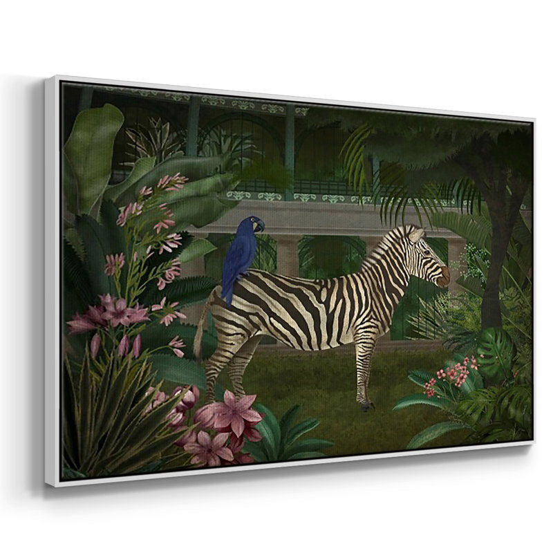 Zèbre dans la véranda - reproduction de cadre flottant sur toile, H 25 po x l 37 po x P 2 po, Blanc