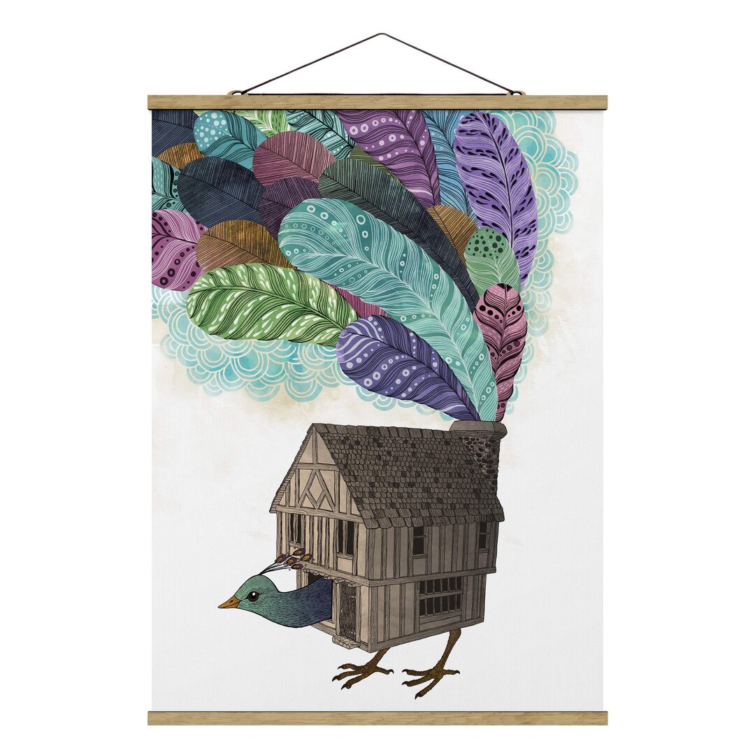 Stoffbild Illustration Vogelhaus mit Federn von Laura Graves