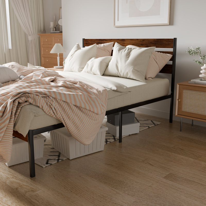 Iron Platform Bed Frame With Rustic Wood Headboard