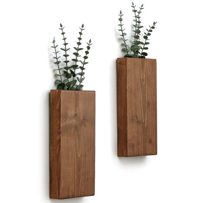 Wood Wall Planter Set Of 2, Wood Wall Pocket For Greenery And Dried Flowers, Indoor Hanging Vase, Modern Farmhouse Wall Decor(Walnut)