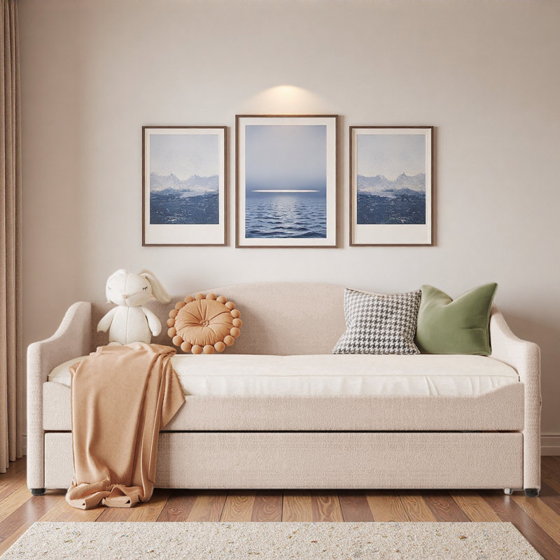 Upholstered Daybed With Led Light And Trundle, Beige, Twin
