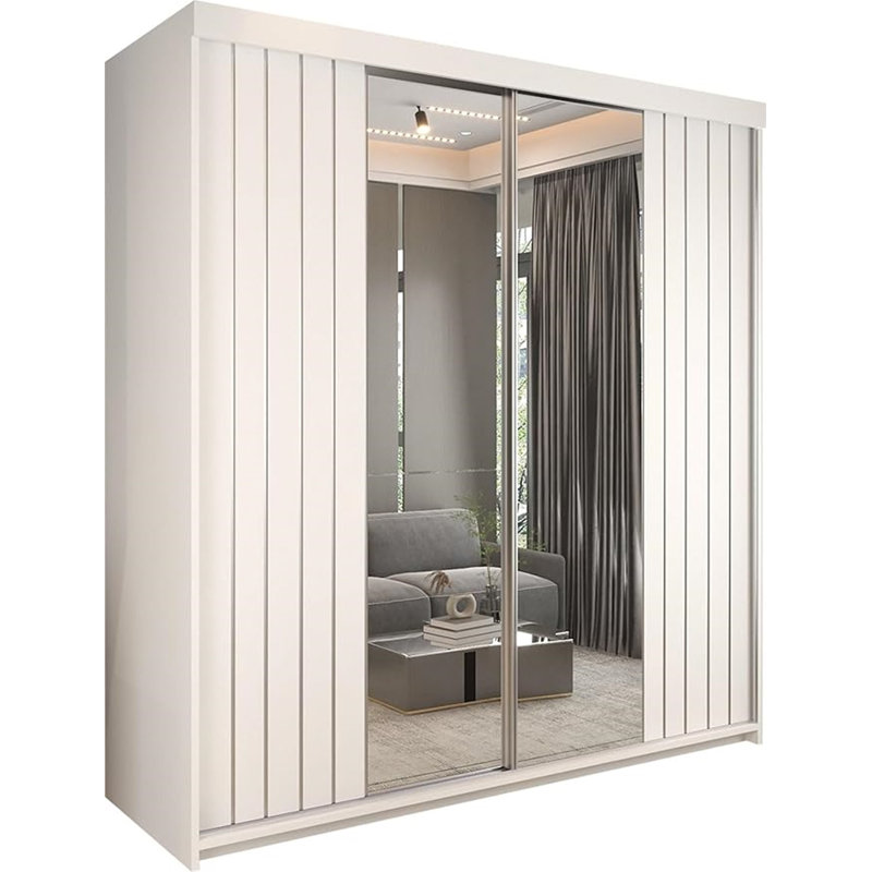 Modern Double Sliding Door Wardrobe in /Grey/Oak/White, White, 217cm H x 150cm W x 62cm D