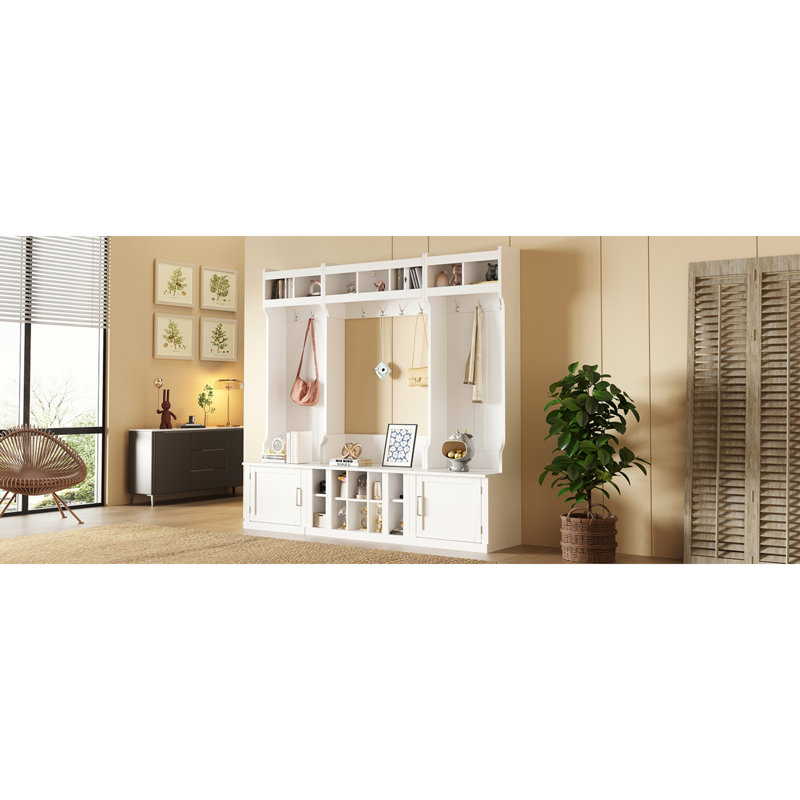 On-trend Multi-functional Entryway Hall Tree With Storage, Bench, Coat Rack, And Shoe Cubbies In White