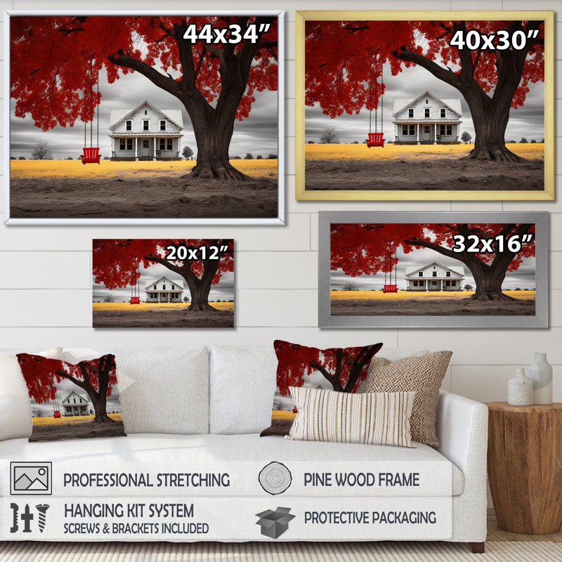 Masazumi " Farmhouse Red And Grey Harmony III ", Cadre flottant blanc, 16" H x 32" W