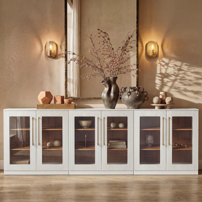 Velora 93" Modern Sideboard & Console Cabinet – Ribbed Glass Doors, Brass Knurled Handles, Ash Wood Veneer – Living & Dining Room