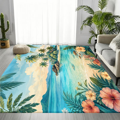 Tapis de plage tropicale paradisiaque, motif d'hibiscus palmier océan, tapis antidérapant, décoration intérieure côtière artistique pour salon, chambre à coucher, salle à manger, couloir, appartement