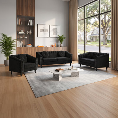 Black 3-Piece Living Room Set with Channel-Tufted Sofa, Loveseat and Armchair