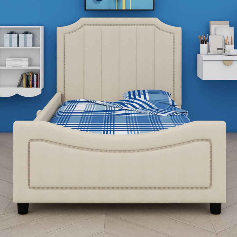 Upholstered Daybed With Classic Stripe Shaped Headboard, Beige