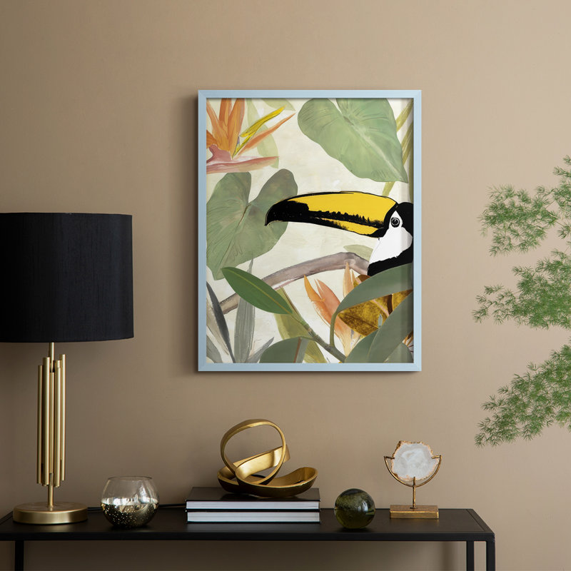 «Parrot in the Leaves I», reproduction encadrée - bois massif, Bleu, H 21 po x l 17 po